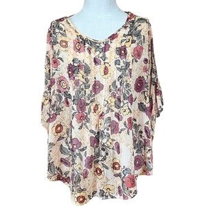 Style & Co 0X Sheer Fall Floral Flare Sleeve Blouse Chic Contemporary Modest